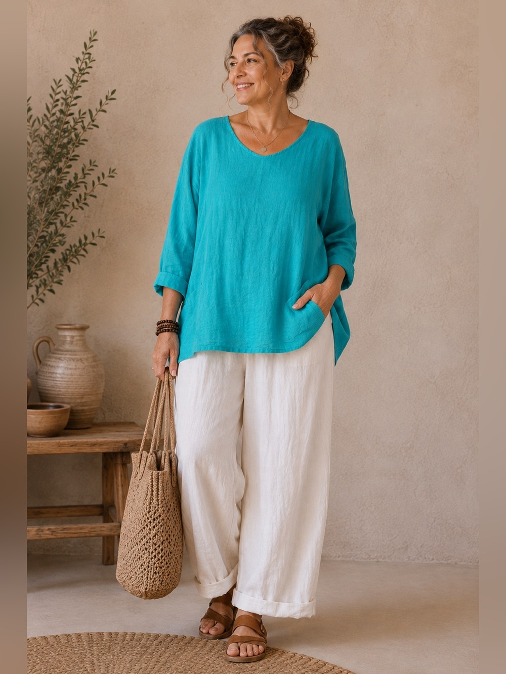FLAX 3G Turquoise 100% Linen Lagenlook Tunic Top 3G/3X